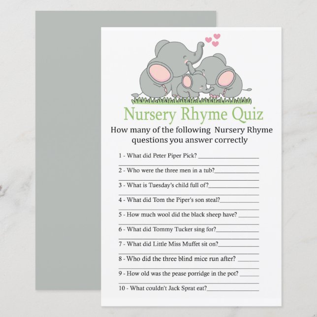 Love Elephants Nursery Rhyme Quiz baby shower game (Front/Back)