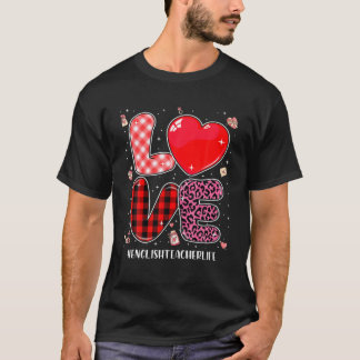 Love English Teacher Leopard Buffalo Plaid Valenti T-Shirt