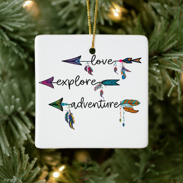 Love Explore Adventure Arrow Tribal Boho Design Ceramic Ornament (Tree)