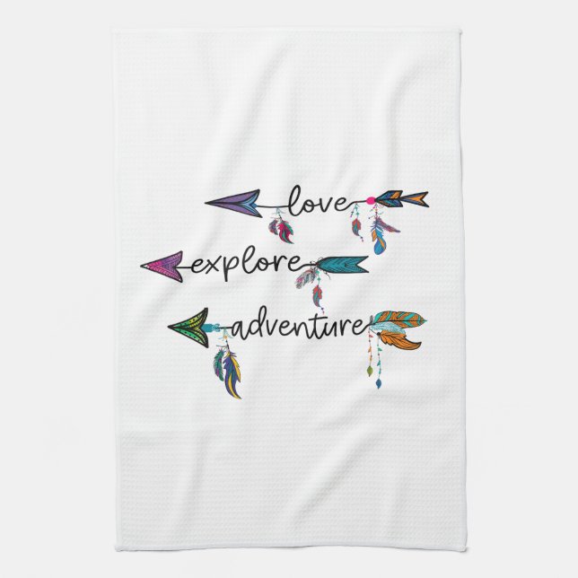 Love Explore Adventure Arrow Tribal Boho Design Tea Towel (Vertical)