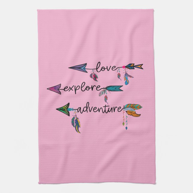 Love Explore Adventure Arrow Tribal Boho Design Tea Towel (Vertical)