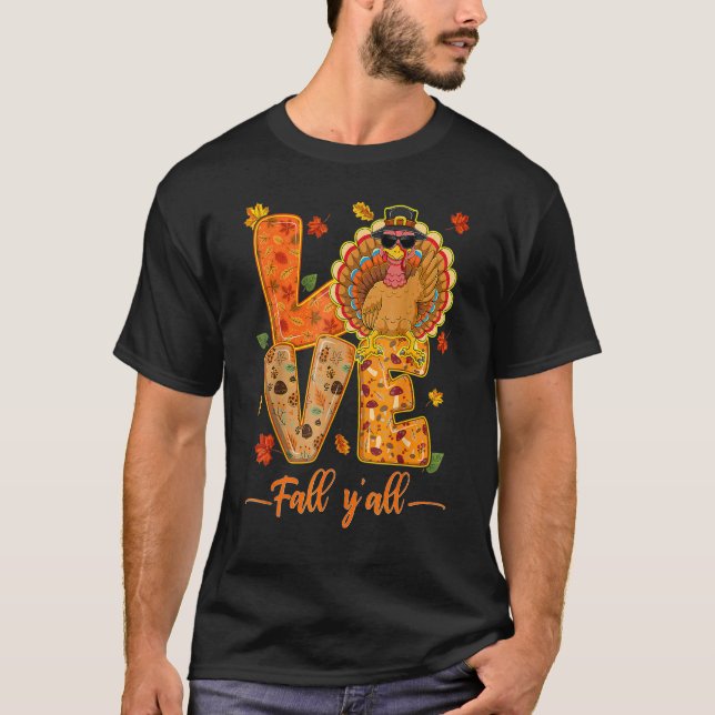 Love Fall Y'All Leopard Fall Pumpkin  Thanksgiving T-Shirt (Front)