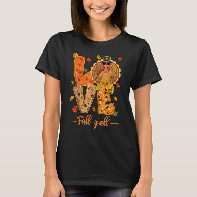 Love Fall Y'All Leopard Fall Pumpkin  Thanksgiving T-Shirt (Front)