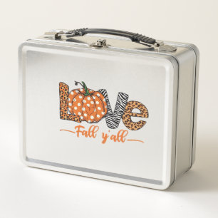 LOVE Fall Y'all Leopard Print Pumpkin Trendy Aut Metal Lunch Box