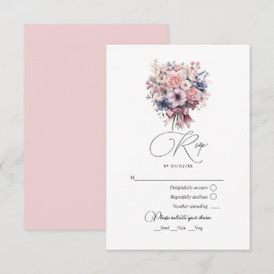Love Fancy Pink Bow and Pastel Bouquet Wedding RSVP Card