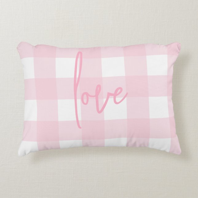 Love Farmhouse Chic Pink and White Buffalo Check Decorative Cushion (Front)