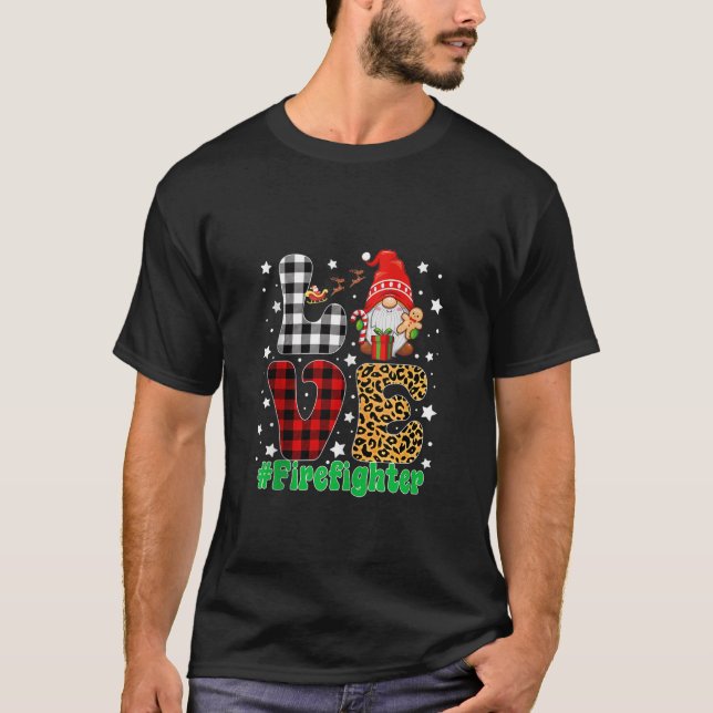 Love Firefighter Gnome Christmas Leopard Plaid Xma T-Shirt (Front)