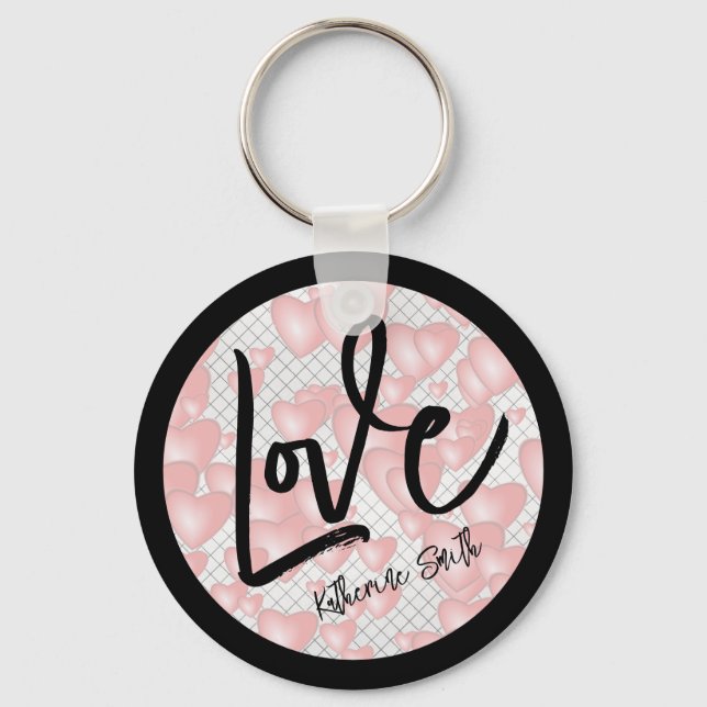 Love - Floating Pink Valentine Hearts - Your Name Key Ring (Front)