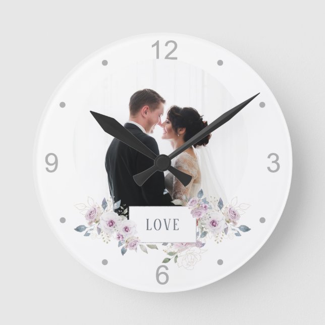 Love | Floral Embellished Photo Round Clock (Front)