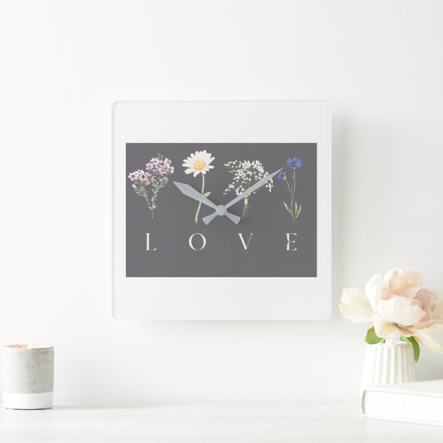 LOVE Floral  – Romantic Botanical Print Square Wall Clock (Home)
