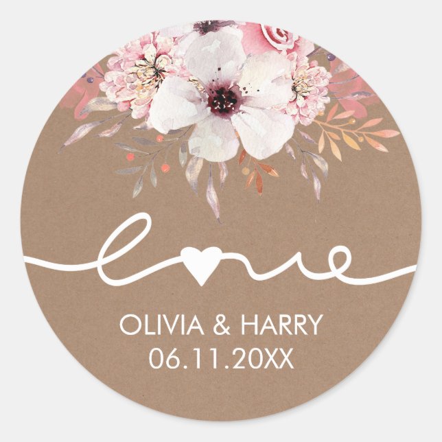 Love Floral Wedding Favour Stickers | Kraft (Front)
