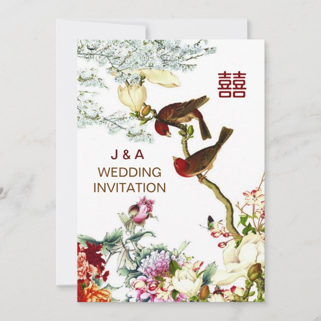 Love Flourishing Birds & Flowers Chinese Wedding © Invitation (Front)