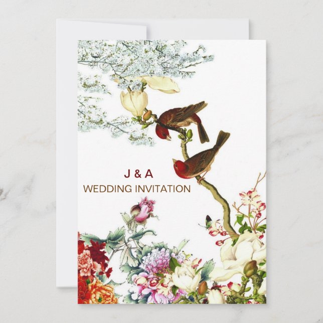 Love Flourishing Birds & Flowers Wedding Invites © (Front)