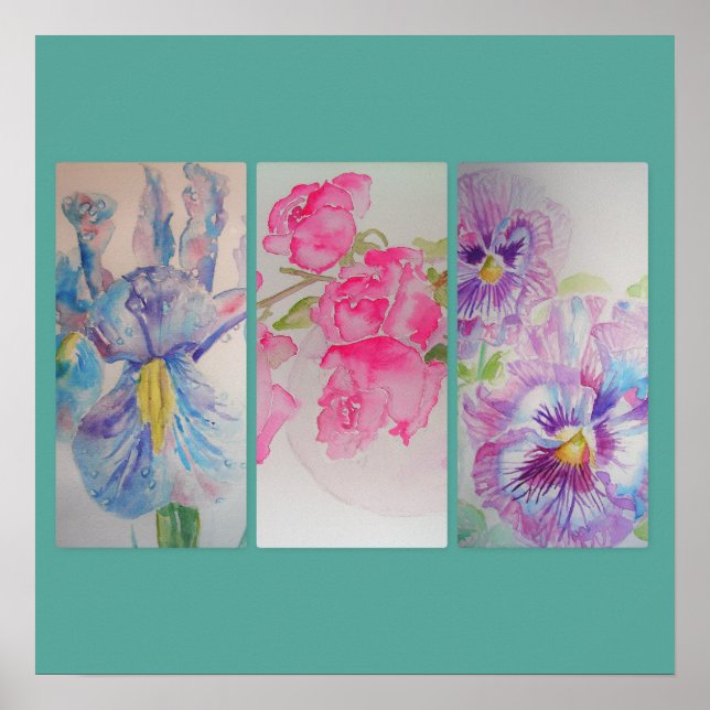 Love Flowers Floral Watercolor Turquoise Poster (Front)