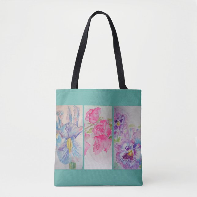 Love Flowers Floral Watercolor Turquoise Tote Bag (Front)