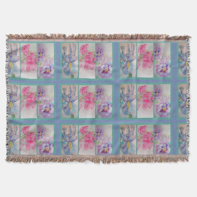 Love Flowers Watercolor Blue Modern Throw Rug (Front)