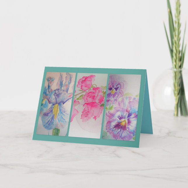 Love Flowers Watercolor Turquoise Greetings Card (Front)