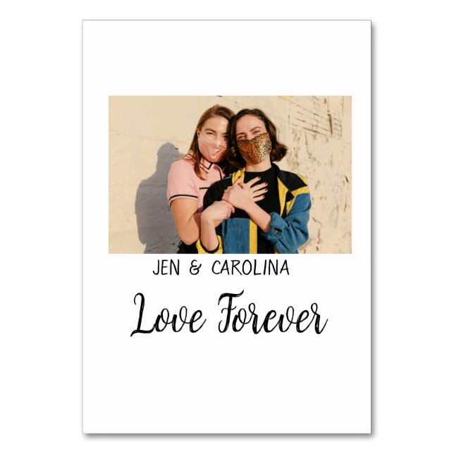 Love Forever LGbtq couple pride add photo name sim Table Number (Front)