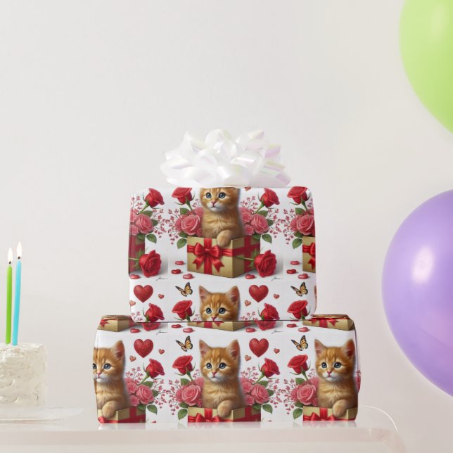 Love Ginger Kitten in Valentines Day Box  Wrapping Paper (Party Gifts)