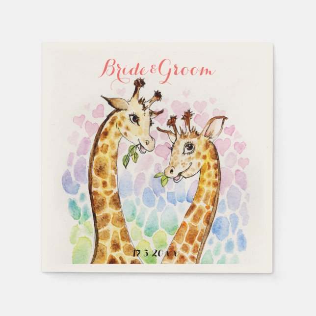 Love giraffe wedding day watercolor napkin (Front)