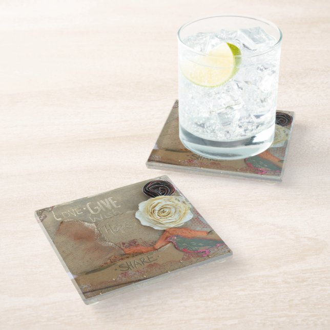 Love Give Hope Share Saying Glass Coaster (Angled)