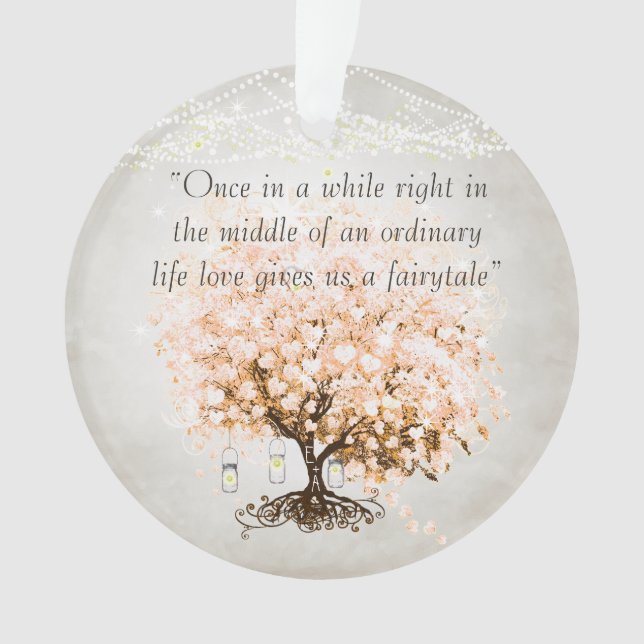 Love gives us Fairy Tale Heart Leaf Tree Wedding Ornament (Front)