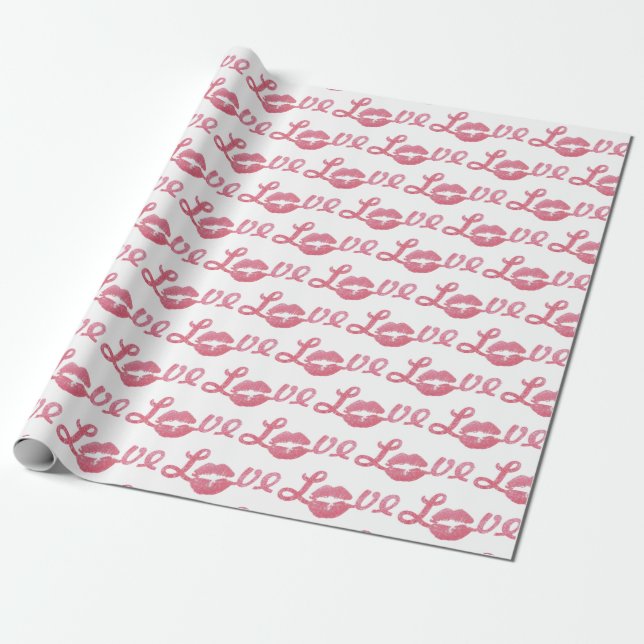 Love Glitter Pink Lipstick Kiss Valentine's Wrapping Paper (Unrolled)