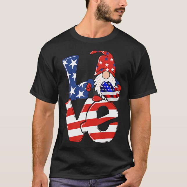 Love Gnome American Patriotic Usa Flag  4th Of Jul T-Shirt (Front)