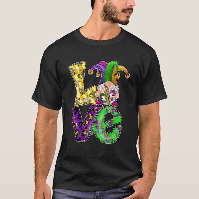 Love Gnome Cute Mardi Gras Leopard Plaid Love Nord T-Shirt (Front)