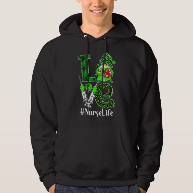 Love Gnome Nurse Life Er Rn St Patricks Day Leopar Hoodie (Front)