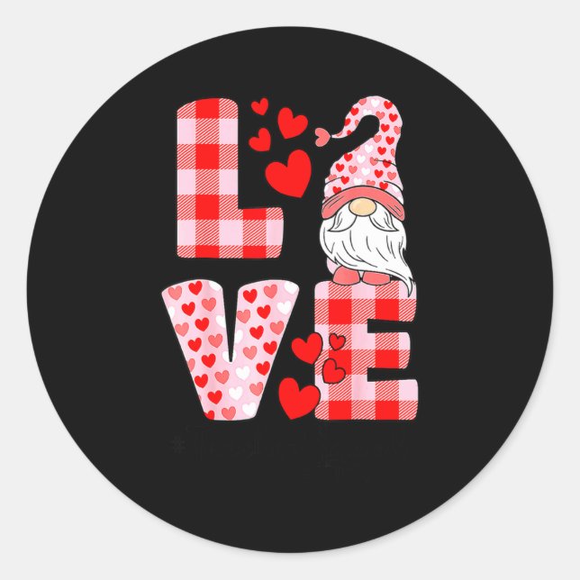 Love Gnome Valentines Day Red Buffalo Plaid Leopar Classic Round Sticker (Front)