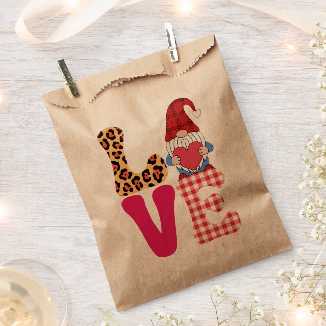 Love Gnome Valentines Day Red Buffalo Plaid Leopar Favour Bags (Clipped)
