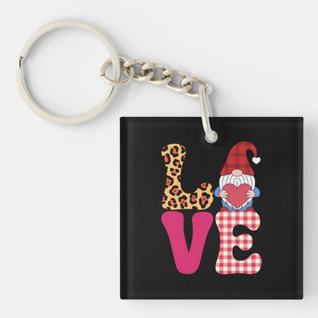 Love Gnome Valentines Day Red Buffalo Plaid Leopar Key Ring (Front)