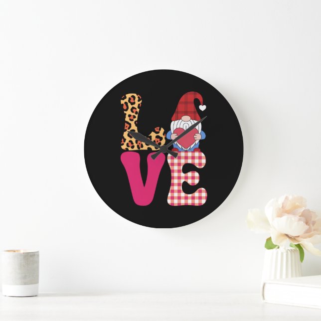 Love Gnome Valentines Day Red Buffalo Plaid Leopar Large Clock (Home)
