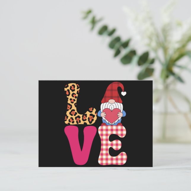 Love Gnome Valentines Day Red Buffalo Plaid Leopar Postcard (Standing Front)