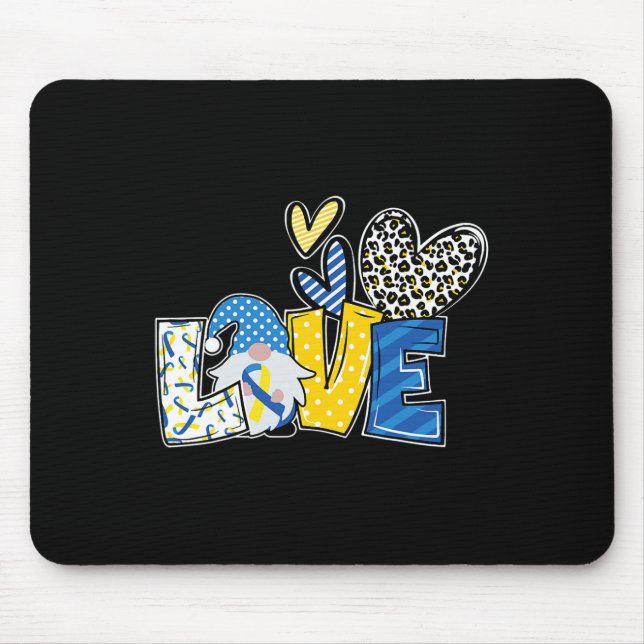 Love Gnomes Blue Yellow Ribbon Down Syndrome Aware Mouse Mat (Front)