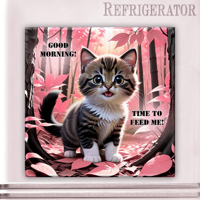 Love Goes Through The Stomach Cute Kitten Magnet (Funny Valentine's Day cat magnet featuring a cute kitty in a forest - love goes through the stomach)