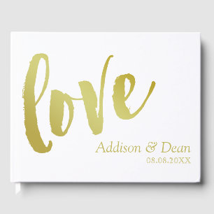 Love   Gold Brush Script Wedding Guest Book