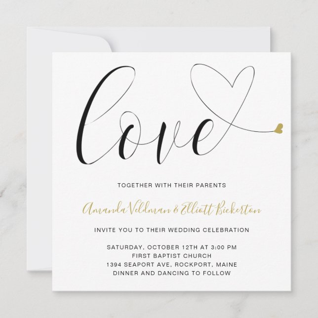 Love Gold Heart Black and White Modern Wedding Invitation (Front)