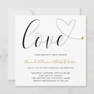 Love Gold Heart Black and White Modern Wedding Invitation