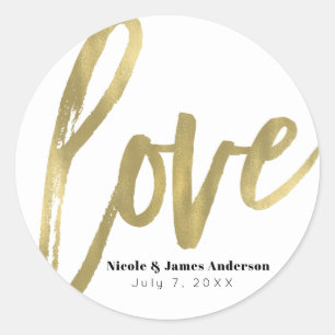 LOVE Gold Modern Typography Wedding Favour Classic Round Sticker