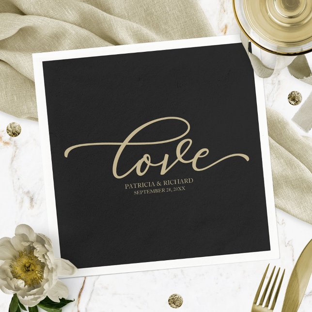 Love - Gold Script Black Wedding Minimalist Napkin (Creator Uploaded)