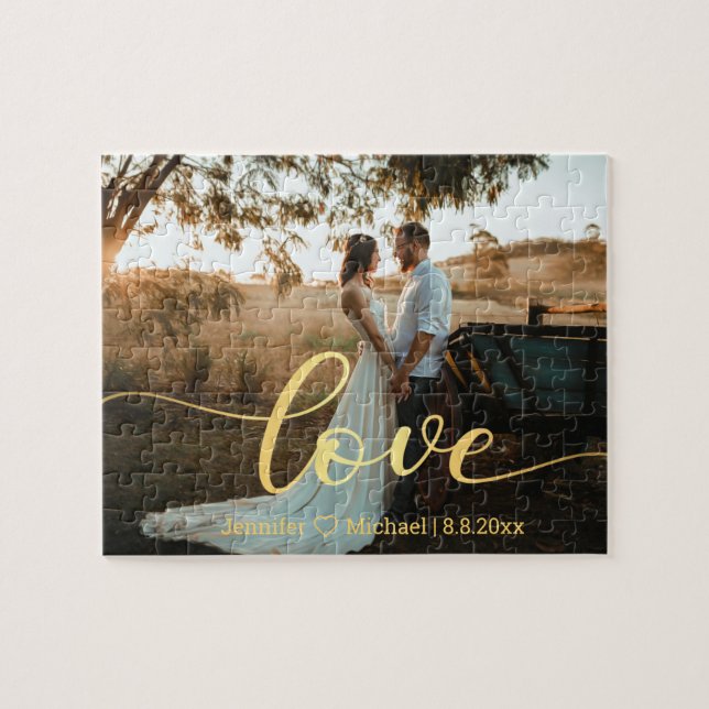love, gold script wedding anniversary photo jigsaw puzzle (Horizontal)