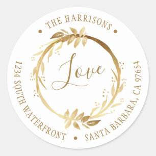Love Gold Wreath White Family Return Address Classic Round Sticker