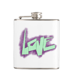love graffiti purple green mint typography dots hip flask