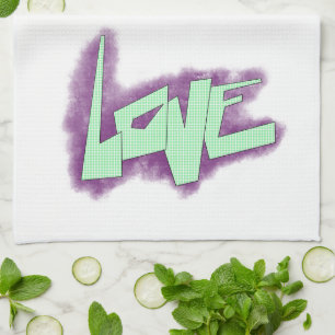 love graffiti purple green mint typography dots tea towel