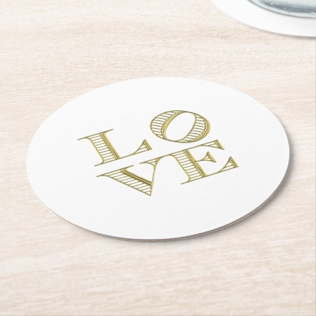 LOVE Graphic Text - Faux Gold Round Paper Coaster (Angled)