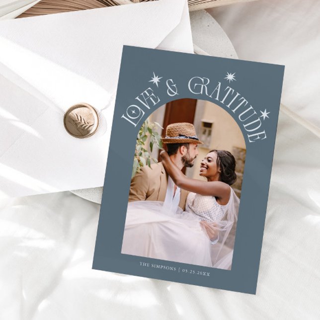 Love & Gratitude Minimal Wedding Photo Slate Blue Thank You Card (Creator Uploaded)