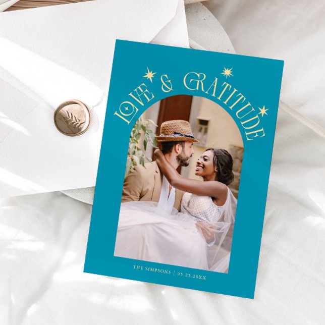 Love & Gratitude Minimalist Wedding Photo Aqua Thank You Card (Creator Uploaded)