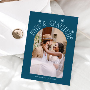 Love & Gratitude Minimalist Wedding Photo Teal Thank You Card